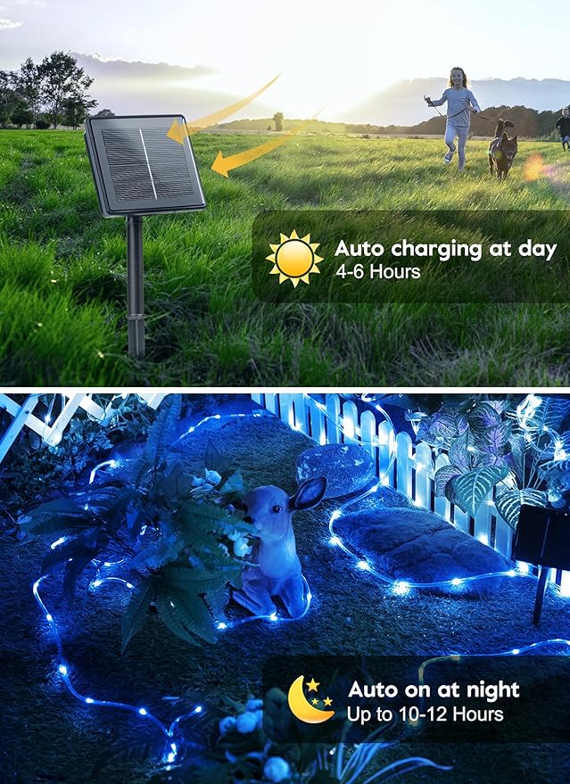 Brightown Solar Christmas Lights Outdoor Waterproof, 2 Pack Total 78FT 200 LED Solar Rope Lights with 8 Modes, Christmas Outdoor Decoration, Solar String Lights for Outside House Tree Halloween, Blue