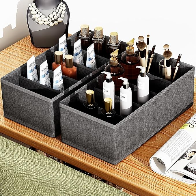 4-Pack Collapsible Fabric Drawer Organizers - 12"x6"x4" Foldable Storage Box with 5 Compartments, Closet Dividers for Socks, Ties, Belts, Accessories (Grey)