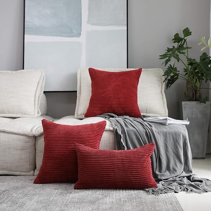 Home Brilliant Dark Red Pillow Covers 24x24 Set of 2 Striped Corduroy Decoration Euro Pillow Textured Plush Velvet Pillow Sham for Couch Chair Christmas, 24 x 24 inch, Burgundy