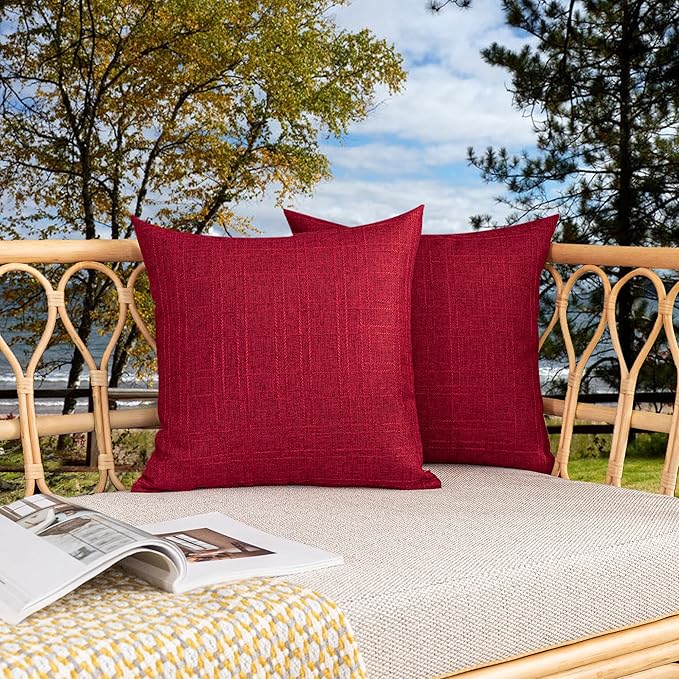 Kevin Textile Pack of 2 Decorative Outdoor Throw Pillow Covers Waterproof Classic Checker Linen Pillowcases Cushion Cases for Sofa Couch Patio Garden 24x24 Inch Red