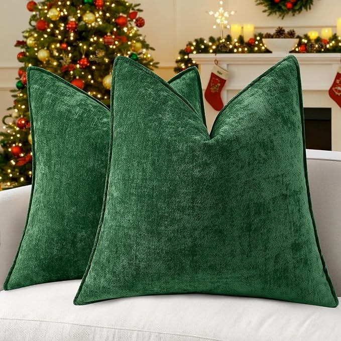 decorUhome Christmas Couch Throw Pillow Covers 24x24 Set of 2, Decorative Soft Euro Neutral Chenille Pillow Covers with Elegant Design for Sofa Bed Living Room Home Decor, Green