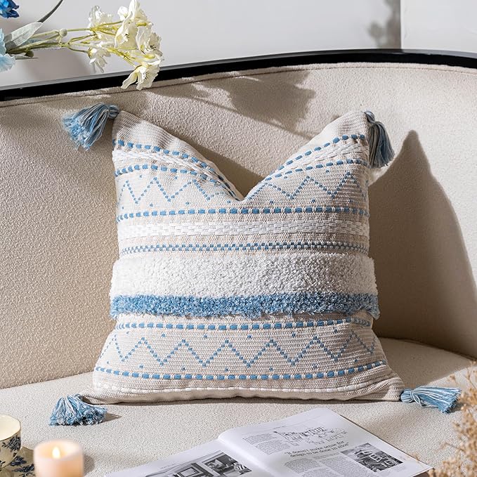 BlissBlush Blue Decorative Throw Pillow Cover 20x20 Square Boho Neutral White Accent Pillowcase Tassels Farmhouse Cushion for Couch Sofa Bedroom Living Room Home Décor (Cover ONLY, Pack of 1)