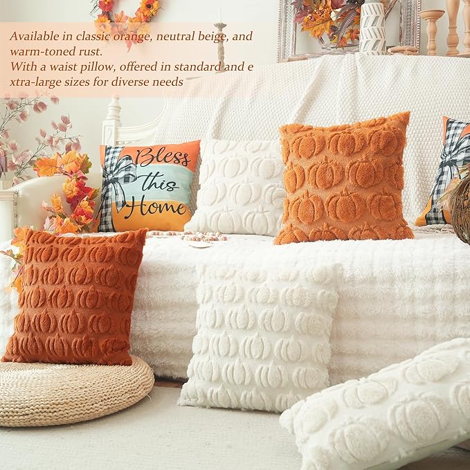 GEEORY Fall Pumpkin Throw Pillow Covers 20x20 Inch Set of 2, Autumn Soft Plush Faux Fur Wool Decorative Farmhouse Holiday Cushion Case for Home Decoration (Rust) GC001-20