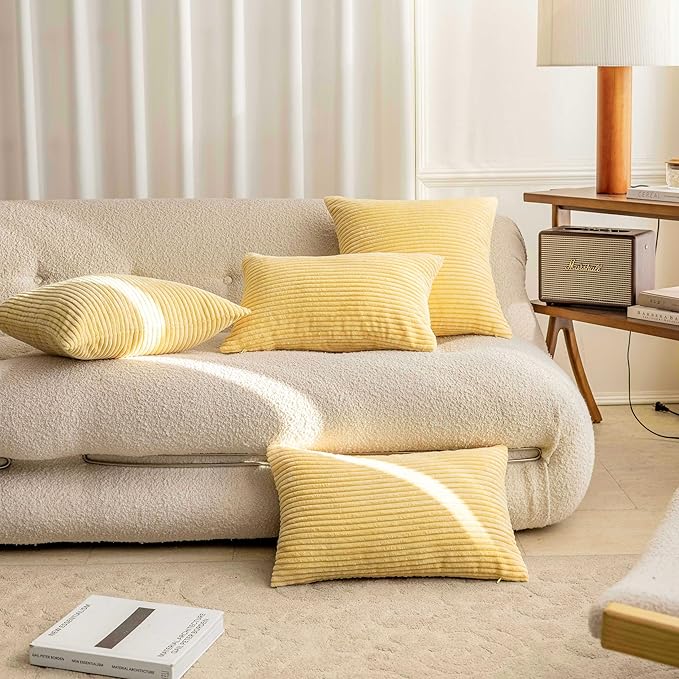 Home Brilliant Set of 2 Super Soft Corduroy Fall Pillow Covers 16x16 Decorative Throw Pillow Covers for Couch Sofa Bed Living Room Hallway Winter Decor, 16 x 16 inch, Light Yellow