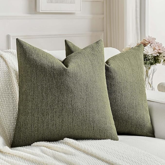 FUTEI Moss Green Chenille Decorative Throw Pillow Covers 16x16 Inch Set of 2,Soft Cozy Faux Linen Textured Cushion Case,Farmhouse Home Decor for Couch Living Room