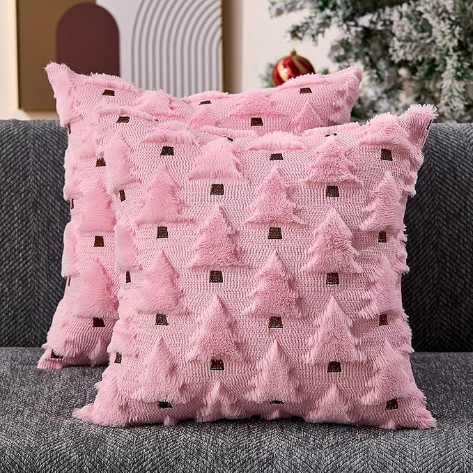 Christmas Pillow Covers 18x18 inch Set of 2 Pink Christmas Decorations Soft Plush Faux Fur Wool Xmas Tree Throw Pillow Cases Winter Holiday Decor for Sofa Living Room PT002E18