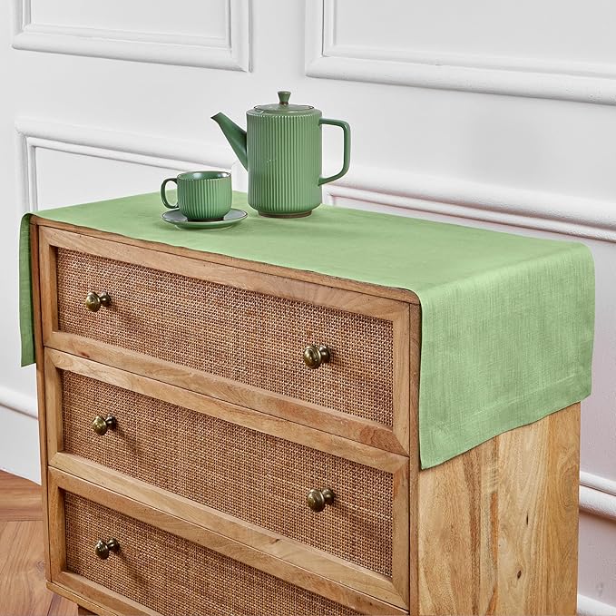 Solino Home Linen Table Runner 72 Inches Long - 100% Pure Linen Laurel Green Dining Table Runner 14 x 72 Inch for Fall, Autumn, Thanksgiving - Fete
