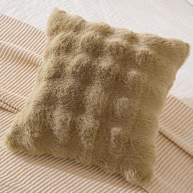 AmHoo Pack of 2 Throw Pillow Covers 3D Dense Faux Rabbit Fur Cozy Super Soft Fuzzy Set Case Cushion for Couch Sofa Bedroom 20 x 20-Inch Iced Coffee