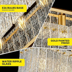 Modern Rectangle Gold Crystal Chandeliers for Dining Room, 6 Lights 44" Large Rectangular Water Ripple Glass Kitchen Island Light Fixture, Linear Farmhouse Pendant Light Fixture Over Table