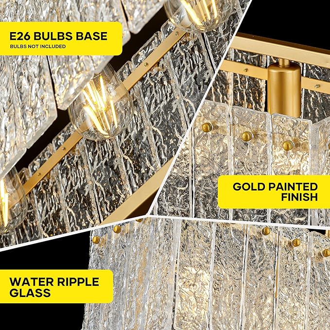 Modern Rectangle Gold Crystal Chandeliers for Dining Room, 6 Lights 44" Large Rectangular Water Ripple Glass Kitchen Island Light Fixture, Linear Farmhouse Pendant Light Fixture Over Table
