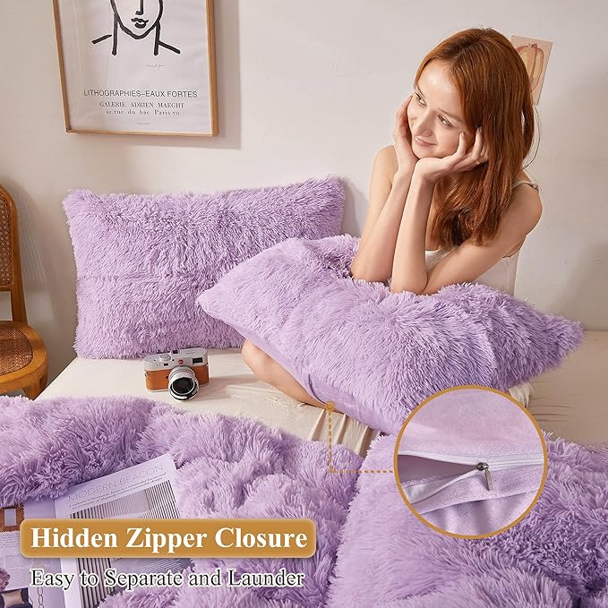 XeGe Faux Fur Lavender Pillow Cases, Plush Shaggy Soft Fluffy Light Purple Decorative Pillowcases, Furry Fuzzy Pillow Shams with Zipper Closure, Set of 2 (King, Orchid Tint)