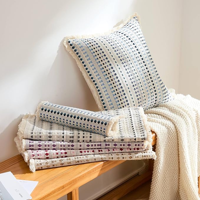 Decorative Pillow Covers Set of 2, Boho Farmhouse Couch Throw Pillows with Tassels, Textured Small Dot Pattern Cushion Cases for Sofa Living Room Home Decor (Grey, 12" x 20" (Pack of 2))