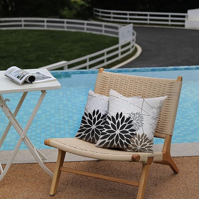 Black Brown Outdoor Pillow Covers 16x16 Inch Set of 2 White Gray Flower Throw Pillows Farmhouse Outdoor Modern Floral Polyester Square Cushion Case Decor for Sofa Patio Funiture Garden 01A16