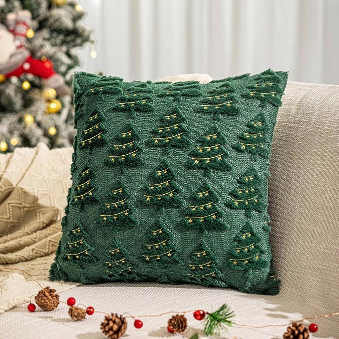 AQOTHES Christmas Tree Decorative Green Throw Pillow Covers 18x18 Set of 2, Faux Fur Farmhouse Throw Pillows Cushion Cases for Xmas Winter Holiday Home Decor
