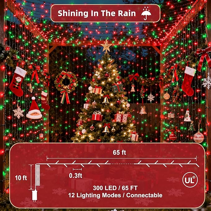 300 LED Outdoor Christmas Lights 75ft, 12 Lighting Modes Indoor String Lights Dimmable & Timer Memory, Outsite Waterproof Tree Lights for Xmas Garden Wedding Party Holiday Decorations Red & Green