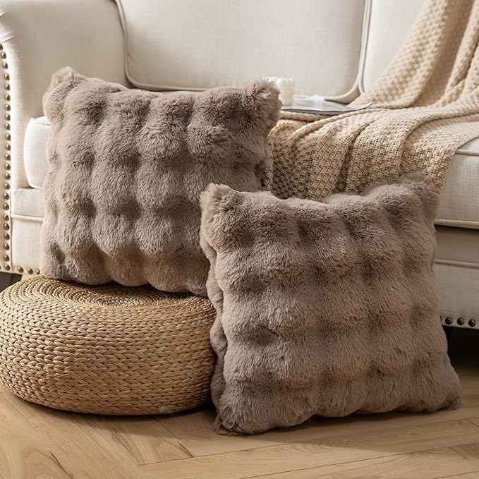 Pack of 2 Thick Plush Throw Pillow Covers Fluffy Wave Faux Fur Decorative Cushion Covers Soft Wool Pillowcase for Sofa Couch Livingroom 20x20 Inch Taupe