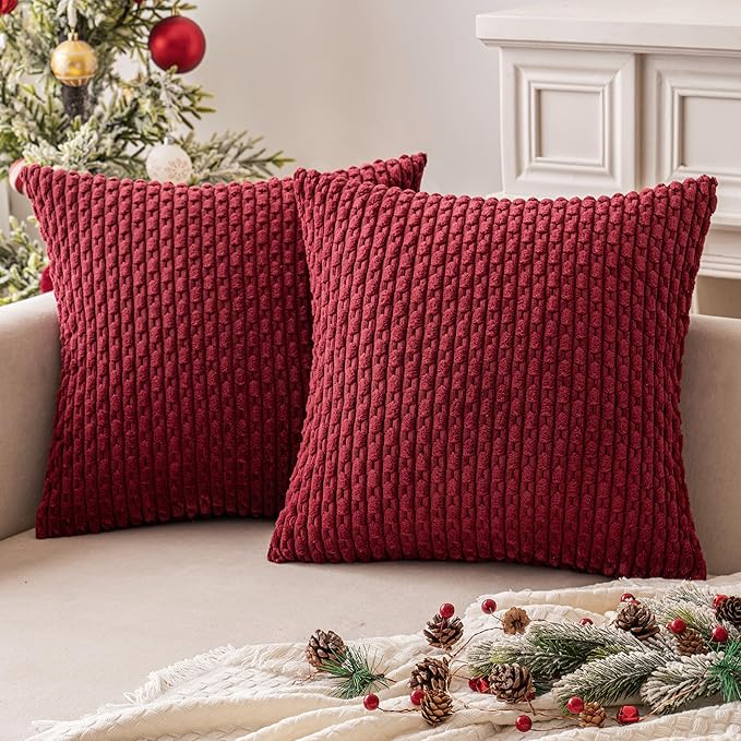 MIULEE Christmas Wine Red Throw Pillow Covers Soft Corduroy Decorative Set of 2 Boho Striped Pillow Covers Pillowcases Farmhouse Home Decor for Couch Bed Sofa Living Room 16x16 Inch