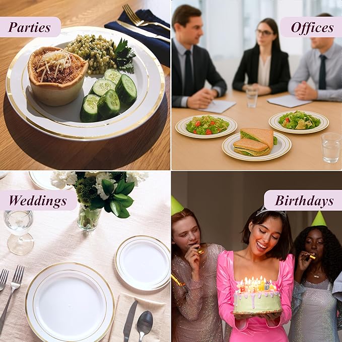Aya's 60 Gold Rimmed Plastic Plates for Party, Heavy Duty Disposable Set of 30 Dinner and 30 Dessert Plates, Elegant Fancy Design for Weddings, Parties, and Special Events