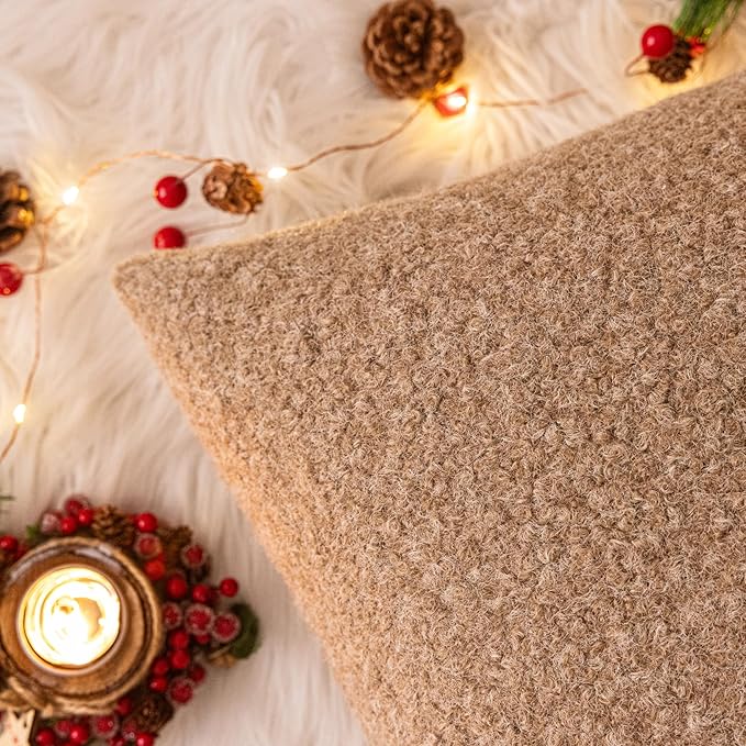 AQOTHES Khaki Winter Throw Pillow Covers 18x18 Inch Set of 2, Boucle Faux Fur Pillow Covers,Cozy Fluffy Home Living Room Farmhouse Decor for Sofa Couch Bed