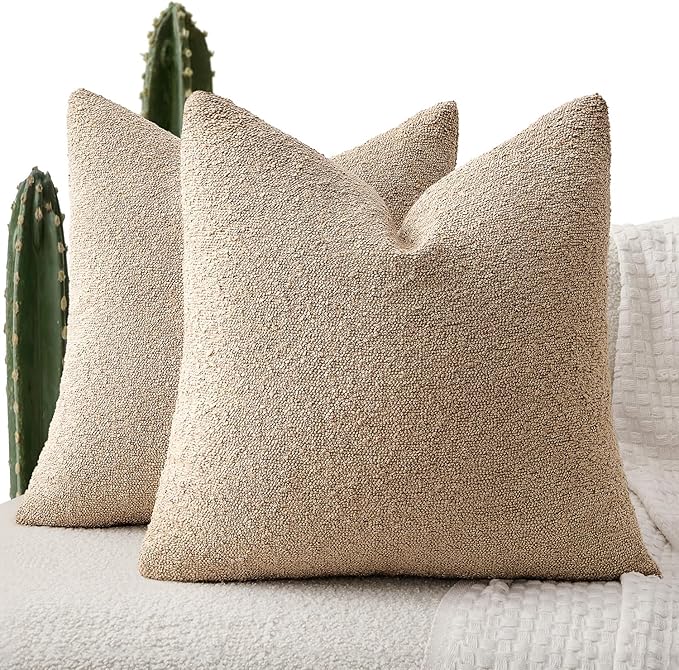ANRODUO Pack of 2 Textured Boucle Throw Pillow Covers Soft Camel Decorative Accent Solid Pillow Cases Cozy Modern Couch Cushion Case for Chair Sofa Bedroom Living Room Home Decor, 18 x 18 Inch
