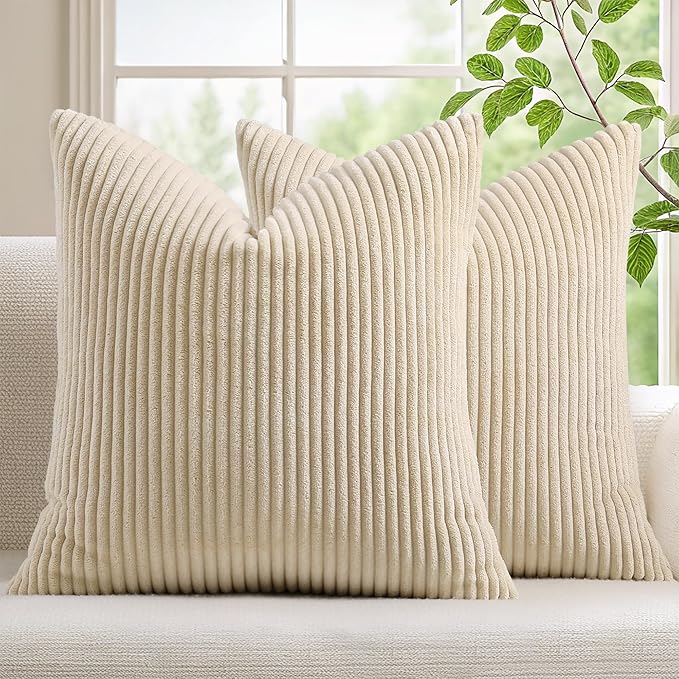 Mecatny Corduroy Decorative Throw Pillow Covers 16x16 Set of 2 for Sofa Living Room, Soft Neutral Boho Couch Pillow Covers for Home Decor, Beige