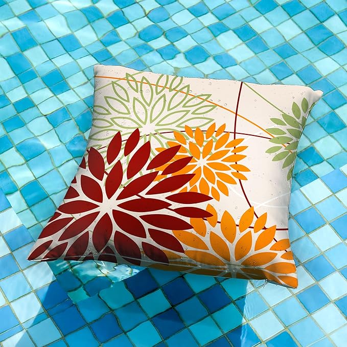 Red Orange Fall Pillow Cover 18X18 Inch Set of 2 Outdoor Waterproof Floral Orange Decorative Pillowcase Decor for Couch Patio Funiture Garden Print Polyester Cushion Cover 01N18