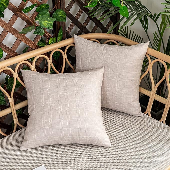 Kevin Textile Pack of 2 Outdoor Waterproof Pillow Covers Checkered Decorative Cushions Sham Throw Pillowcases Shell for Patio Tent Garden Couch Bed Sofa 22x22 Inch Light Beige