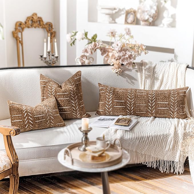 BlissBlush Fall Brown Decorative Throw Pillow Covers 20X20, Set of 2, Boho Farmhouse Cushion Cover, Cozy Soft Accent Pillowcase for Couch Sofa Bed Living Room Home Décor