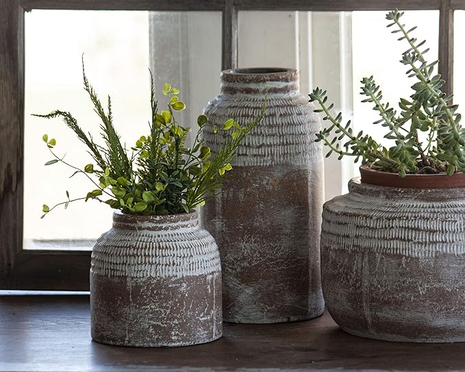 Foreside Home and Garden Small Antique Brown Glazed Terracotta Planter Pot with Whitewashed Finish