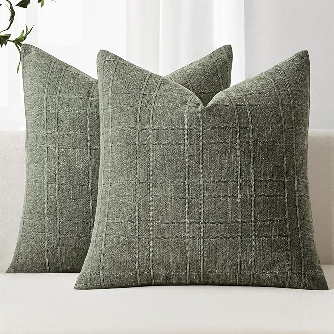 MIULEE Decorative Linen Check Throw Pillow Covers Neutral Farmhouse Vintage Pillow Covers 20x20 Set of 2 Boho Modern Home Decor for Sofa Couch Bedroom Cushion Olive Green