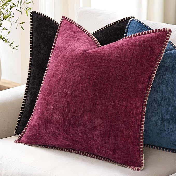decorUhome Christmas Chenille Soft Throw Pillow Covers 24x24 Set of 2, Farmhouse Velvet Neutral Decorative Euro Pillow Covers with Stitched Edge for Couch Sofa Bed Home Decor, Rhododendron