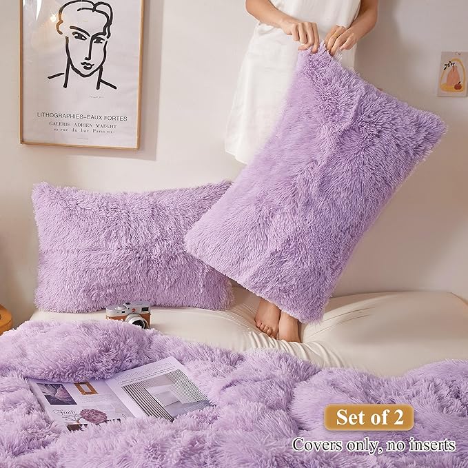 XeGe Faux Fur Lavender Pillow Cases, Plush Shaggy Soft Fluffy Light Purple Decorative Pillowcases, Furry Fuzzy Pillow Shams with Zipper Closure, Set of 2 (King, Orchid Tint)