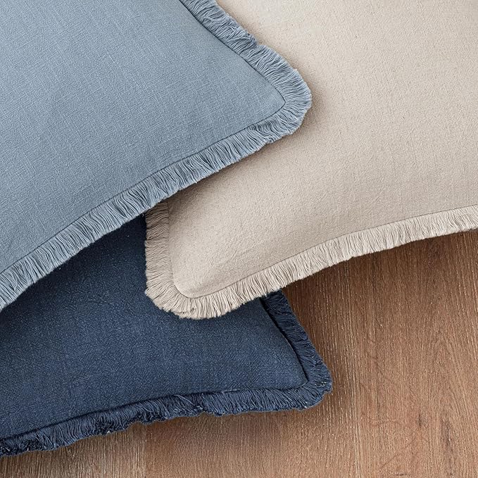 Woaboy Decorative Linen Fringe Throw Pillow Covers Boho Farmhouse Soft Cushion Covers Accent Pillowcases with Tassels for Living Room Couch Sofa Bed Chair,20x20 Inch Set of 2, Coastal Blue