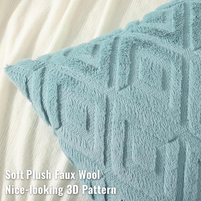 decorUhome Couch Throw Pillow Covers 22x22 Set of 2, Decorative Soft Plush Faux Wool Neutral Accent Pillow Covers for Bed Sofa Living Room, Light Teal