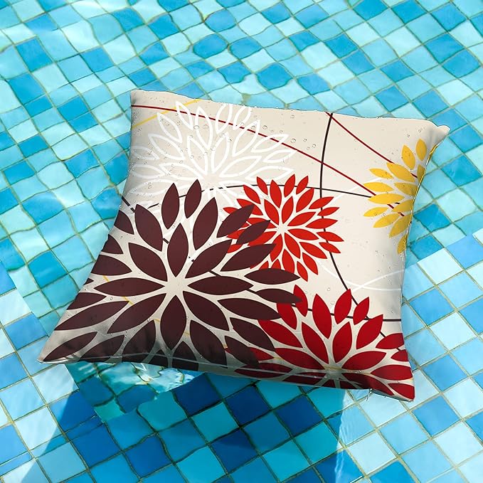 Red Brown Outdoor Pillow Cover 20X20 Inch Set of 2 Outdoor Waterproof Fall Floral Brown Decorative Pillowcase Decor for Couch Patio Funiture Garden Print Polyester Cushion Cover 01K20