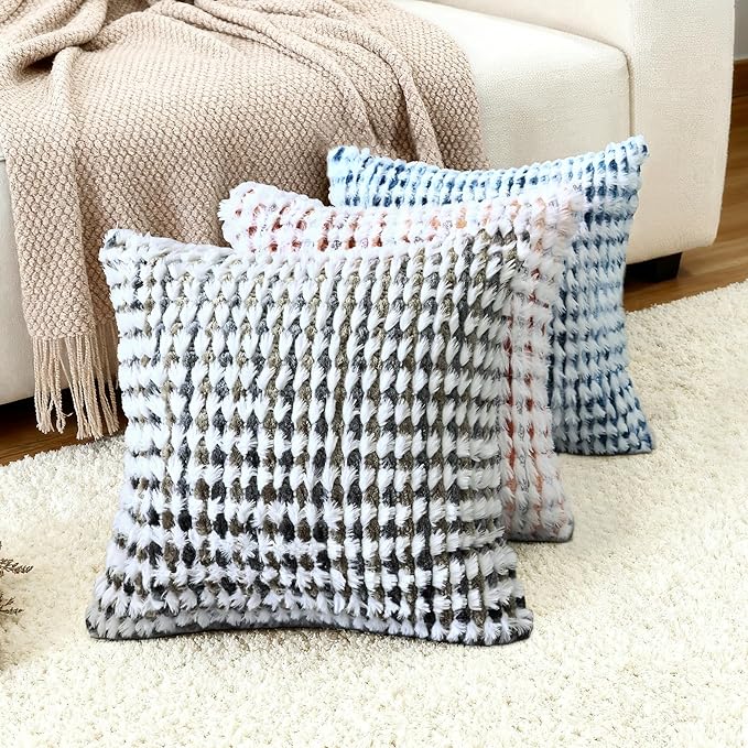 Boho Chenille Tufted Pillow Cover 20x20 Inch Set of 1, Farmhouse Striped Decorative Pillow Covers Accent Fluffy Neutral Square Pillowcases for Couch Sofa Bedroom Living Room, Brown Gray
