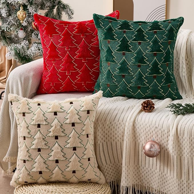 Christmas Pillow Covers 16x16 inch Set of 2 Christmas Decorations Soft Plush Faux Fur Wool Beige Xmas Tree Throw Pillow Cases Winter Holiday Decor for Sofa Living Room PT-012C16