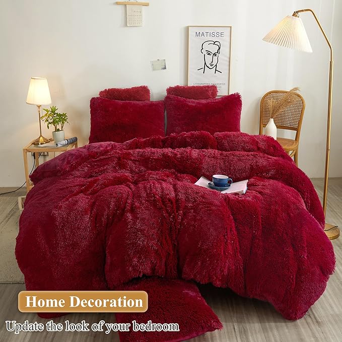 XeGe Faux Fur Fluffy Pillow Cases, Plush Shaggy Ultra Soft Furry Pillow Shams, Crystal Velvet Fuzzy Pillow Covers, Decorative Pillowcases for Bed Couch Sofa Zipper Closure, Set of 2 (King, Red)
