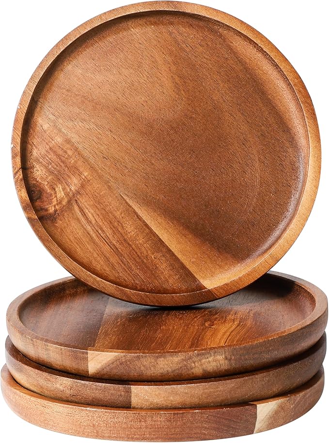 Wooden Acacia Plates of 4, 6Inch Round Wood Plates Acacia Wooden charcuterie boards Serving Tray for Dishes Snack Dessert