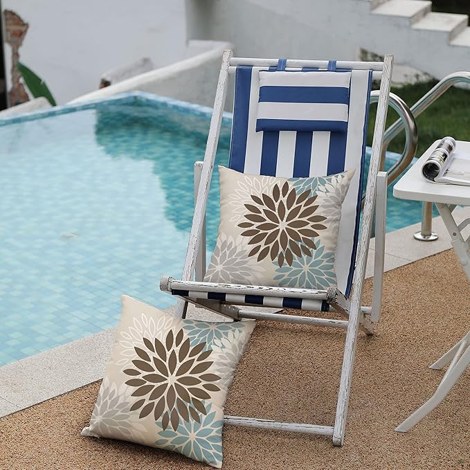 DFXSZ Brown Blue Flower Pillow Covers 20x20 Inch Set of 2 Summer Outdoor Waterproof Decor for Home Patio Funiture Garden Living Room Cushion Cover 002F20