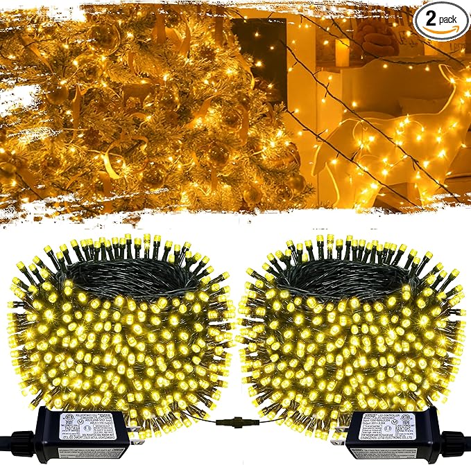 String Lights Outdoor & Indoor, 2Pack 600 LED Christmas Lights, 210ft Plug-in Waterproof Twinkle Light with 8 Modes for Xmas Tree Halloween Wedding Party Garden Patio Decorations(Warm White)