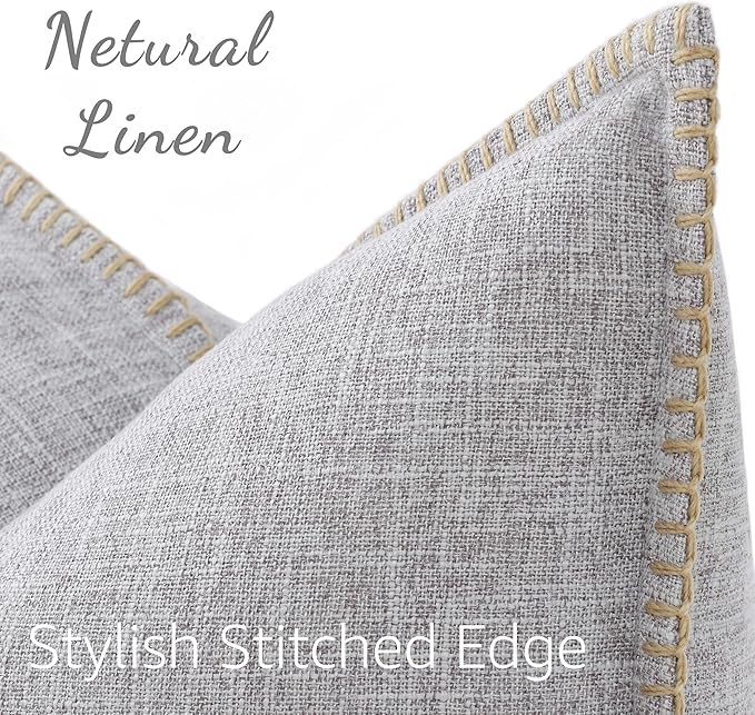 decorUhome Decorative Outdoor Throw Pillow Covers 26x26 Set of 2, Square Linen Rustic Neutral Farmhouse Euro Pillow Covers with Stitched Edge for Couch, Sofa, Living Room, Light Grey