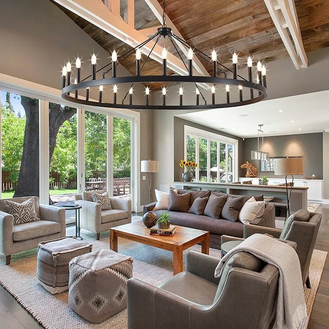 Large black wagon wheel chandelier 64 inch,30-Light Farmhouse wagon Wheel Chandeliers Round Industrial ceiling light fixtures for outdoor porch high ceilings Living Dining Room Foyer Entryway