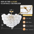 Longree Bubble Ball Semi Flush Mounting Ceiling Light Fixtures, Dia 20 inch Gold and Clear Blown Glass Small Swirled Glass Chandelier for Bedroom Study Bathroom Dining Room