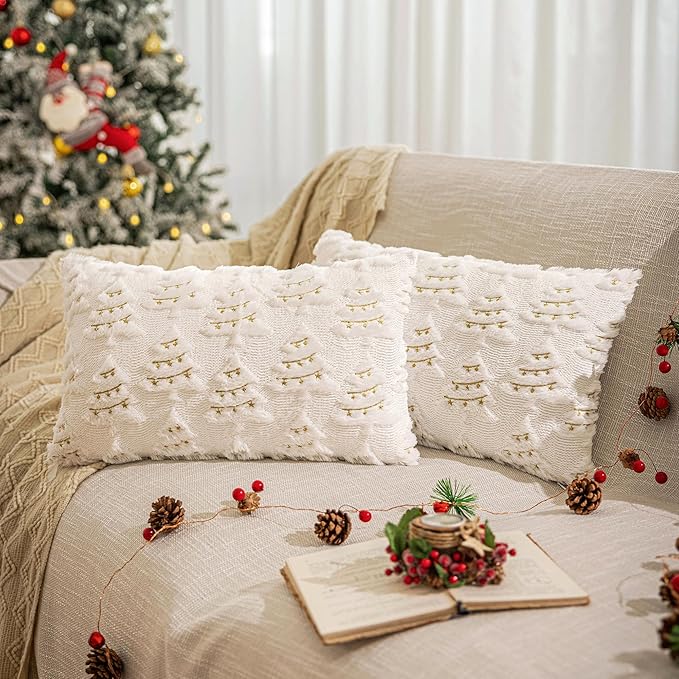 AQOTHES Christmas Tree Decorative White Throw Pillow Covers 12x20 Set of 2, Faux Fur Farmhouse Throw Pillows Cushion Cases for Xmas Winter Holiday Home Decor