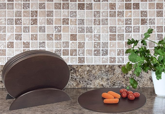 Woodard & Charles 6 Piece Wood Boards with Stand, Perfect for Serving, Sushi, Cheese, Hors d'oeuvre, Charcuterie, Sandwiches, 7 Piece Set, 9 1/2" x 6 1/2" (Walnut)