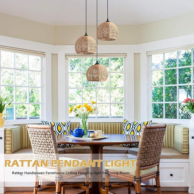 3-Light Mini Hemp Rope Woven Pendant Light Kitchen Island,3 Dome Hand Woven Boho Rattan Chandelier Farmhouse Wicker Ceiling Light,rustic Light Fixture For Living Room Hallway Dining Room(Bulb Incl.