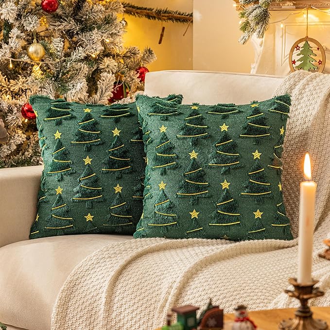 AQOTHES Christmas Tree Decorative Green Throw Pillow Covers 24x24 Set of 2, Faux Fur Farmhouse Throw Pillows Cushion Cases for Xmas Winter Holiday Home Decor