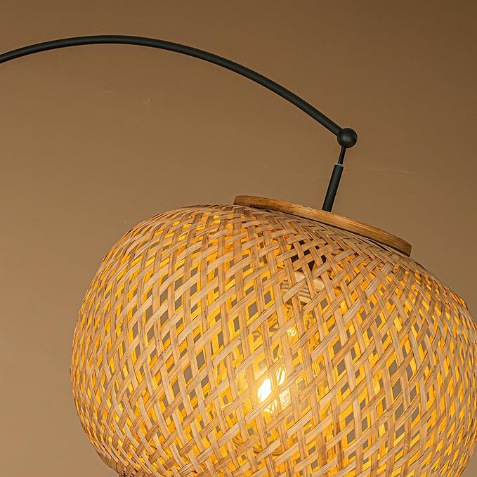 ALOADECOR 77" 1-Light Matte Black Arc Floor Lamp with Hand-Woven Bamboo Shade and Marble Base Farmhouse Rattan Floor Lamp for Living Room Dining Room Bedroom