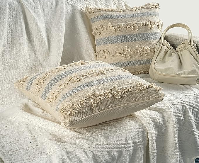GRUHUM Throw Pillow Covers 18x18 Inch Set of 2 Boho Decorative Handwoven Fancy Tufted Cushion Case for Living Room Bedroom Sofa Couch Farmhouse Car Home Decor Cotton Comfy Square Modern 18"x18", Cream